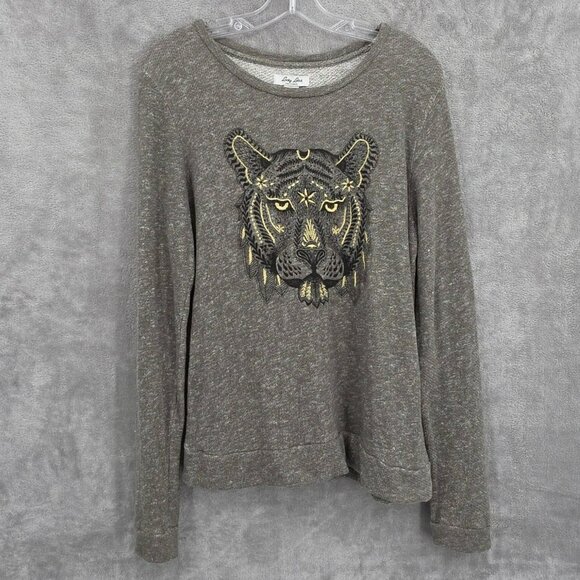 Lucky Lotus Tiger Sweater M Marled Green Black Metallic Gold Embroidered Cotton - Picture 1 of 11